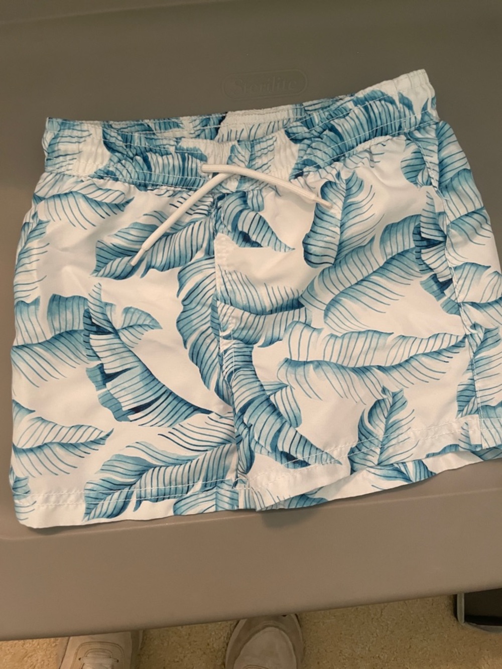 Janie and Jack White Swim Trunks with Blue Leaf Print
